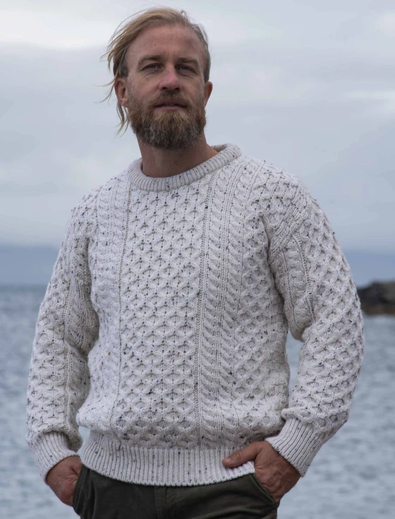 Mens Dún Aonghasa Heavyweight Aran Wool Sweater- color: White with Fleck - color: White with Fleck
