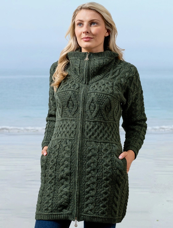 Double Collar Merino Aran Coat - Army Green