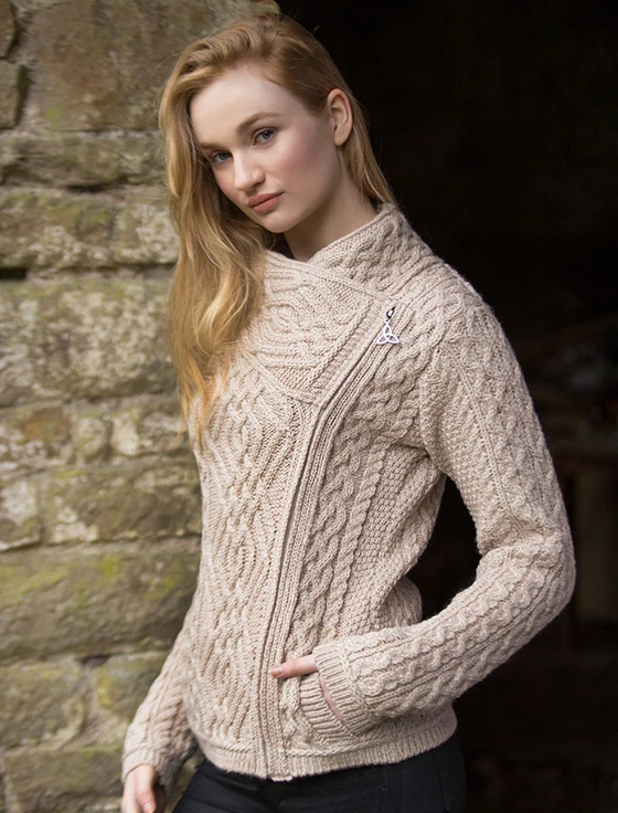 Cable Knit Jacket with Celtic Knot Side Zip - Parsnip