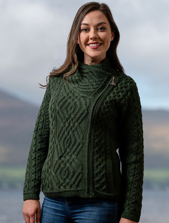 Cable Knit Jacket with Celtic Knot Side Zip - Army Green