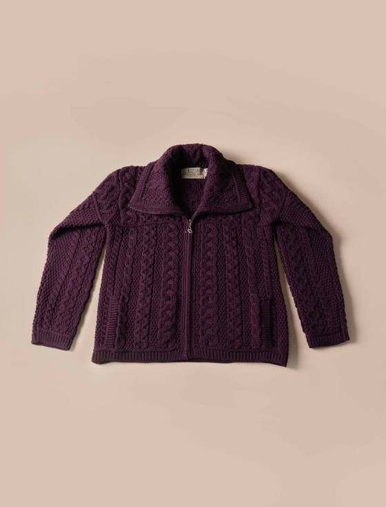 Double Collar Zip Merino Aran Cardigan - color: Purple; type: Hero, Primary