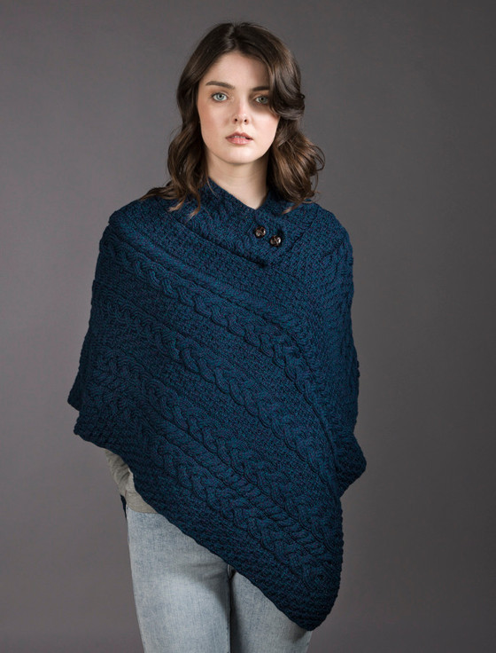 Cable Poncho with Aran Button Detail - Atlantic