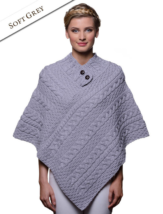 Cable Poncho with Aran Button Detail - Soft Grey