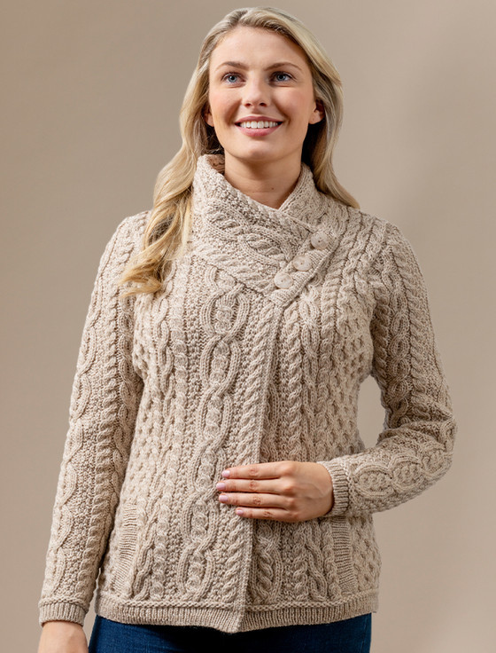 Aran Cable Crossover Neck Sweater - Parsnip