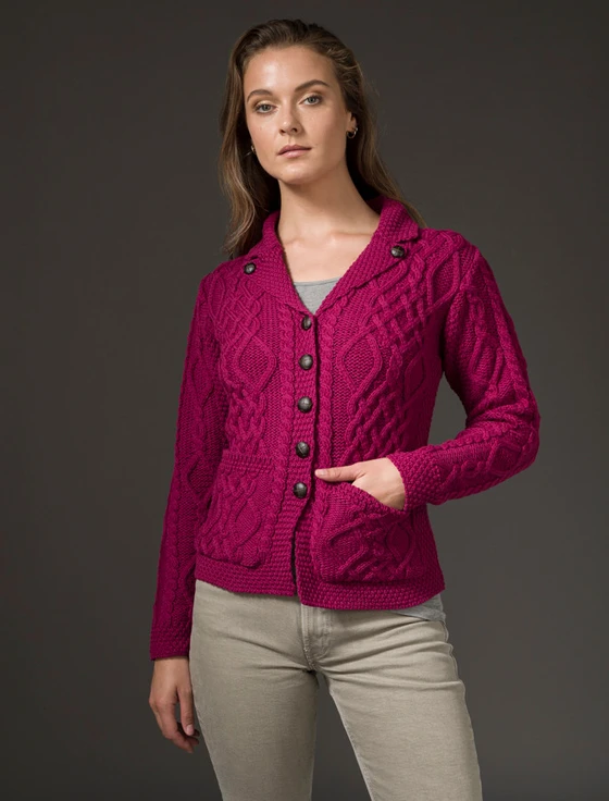Revere Button Collar Aran Cardigan - Raspberry