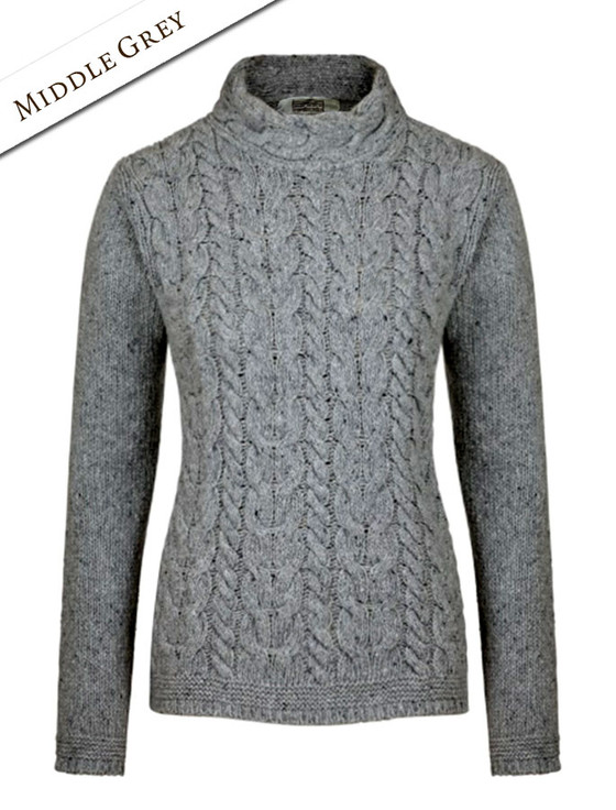 Wool Cashmere Aran Cable Merino Sweater - Middle Grey