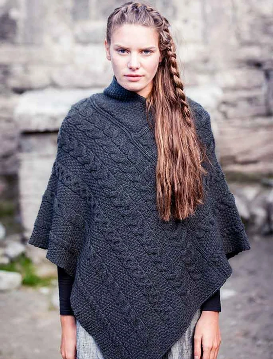 Aran Cable Poncho - Charcoal