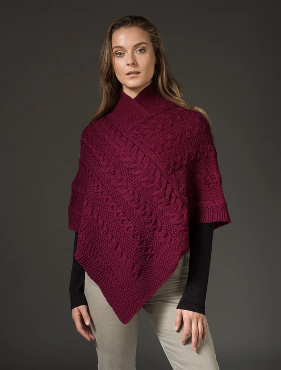 Aran Cable Poncho - Wine