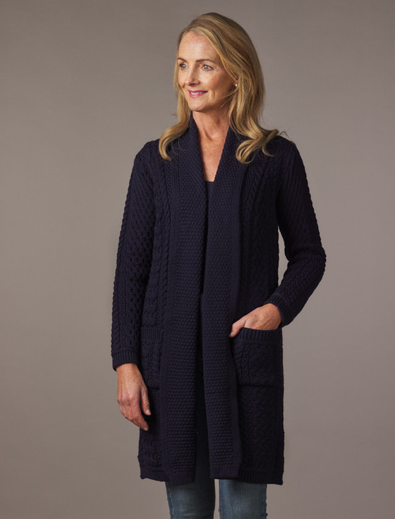Drape Front Aran Shawl Cardigan - Navy