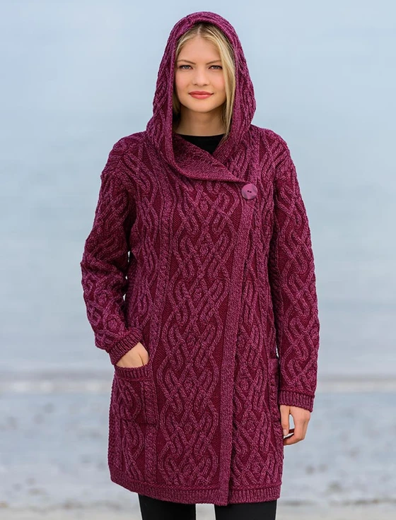 Plaited One Button Coat with Hood - Wine