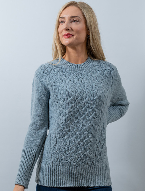 Wool Cashmere Cable Round Neck Sweater - Duck Egg