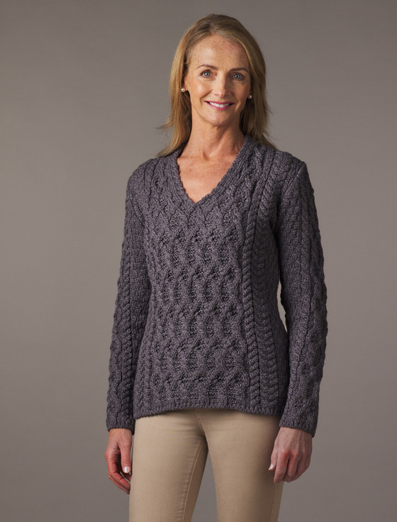Lattice Cable V Neck Sweater - Steel Marl