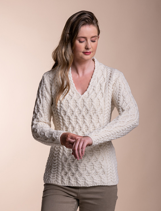 Lattice Cable V Neck Sweater - Natural White