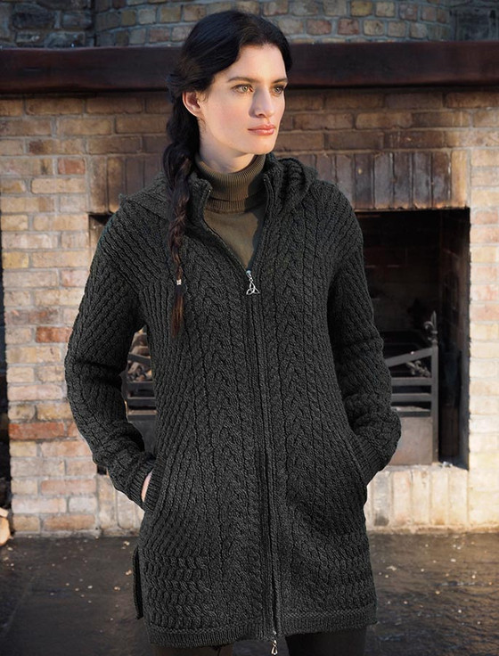 Merino Hooded Aran Coat - Charcoal