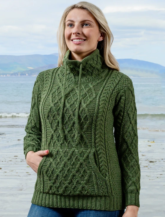 Ladies Drawstring Super Soft Sweater With Pouch Pocket - Meadow Green