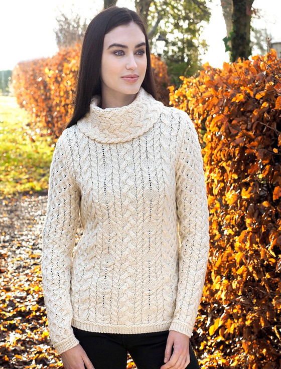 Ladies Cowl Neck Aran Sweater