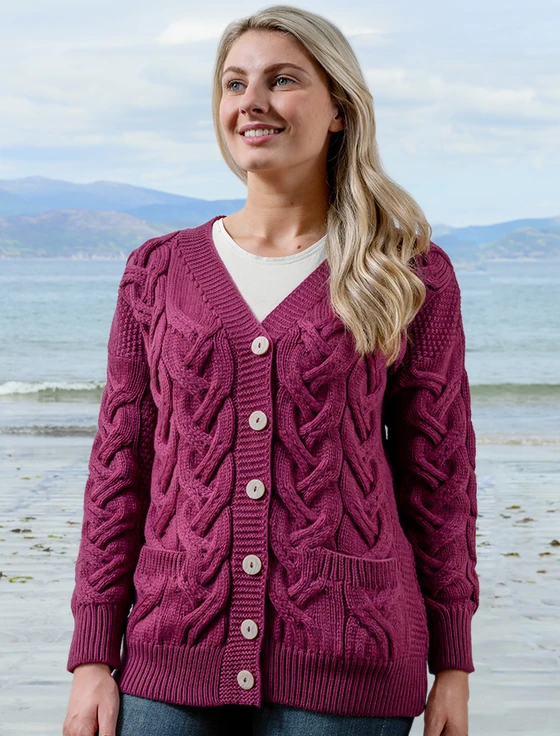 Super Soft V- Neck Chunky Cable Knit Cardigan - Jam