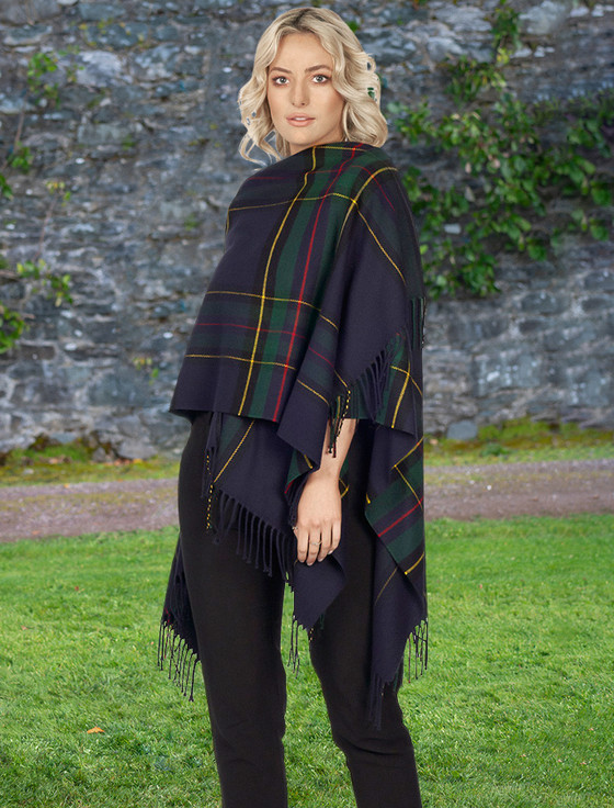 Irish Fringed Shawl - Green & Navy Plaid
