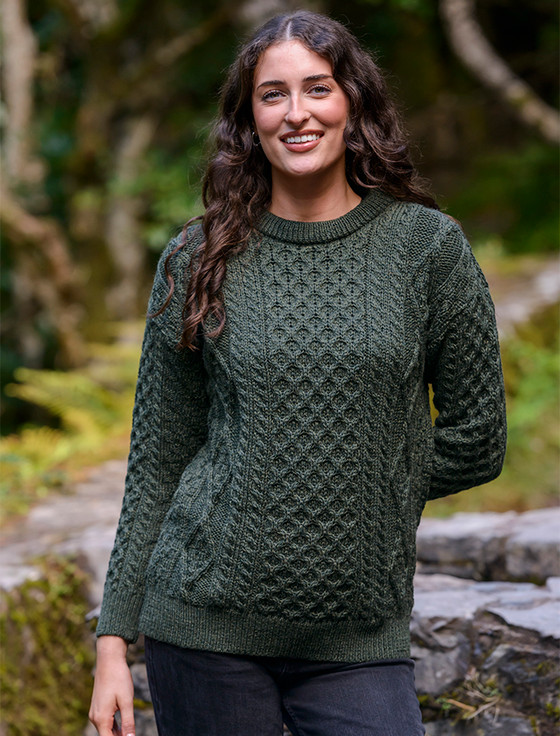 Cable Knit Crew Neck Aran Wool Sweater - Army Green