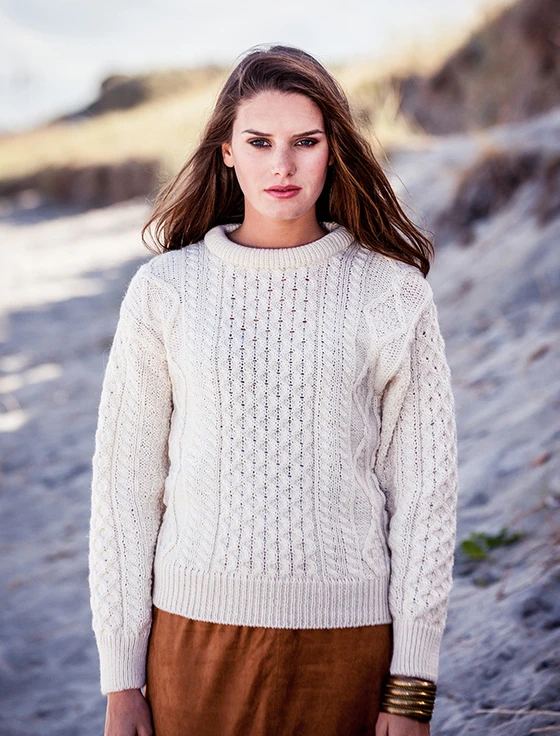 Cable Knit Crew Neck Aran Wool Sweater -  Natural White