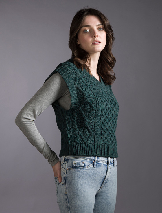 Ladies Cropped V-Neck Aran Sweater Vest