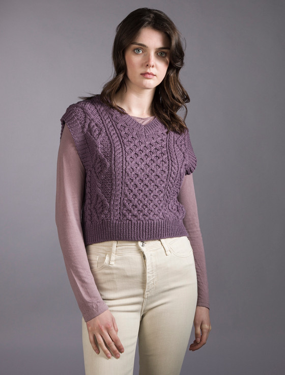 Ladies Cropped V-Neck Aran Sweater Vest - Warm Lavender