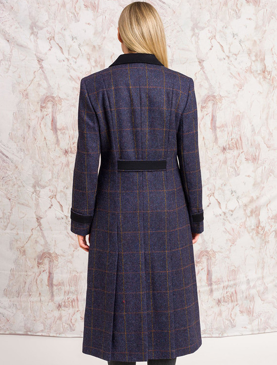 Fran Classic Long Tweed Coat - Prussian Purple Check