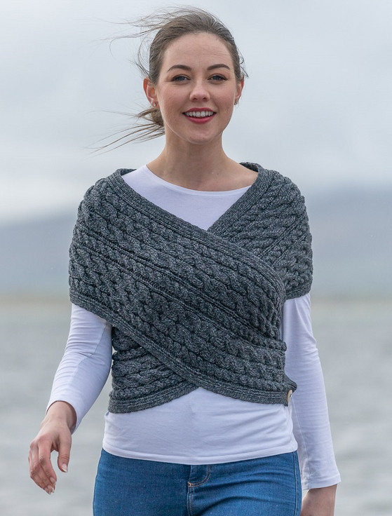 Merino Aran Cable Wrap With Buttons | Aran Sweater Market