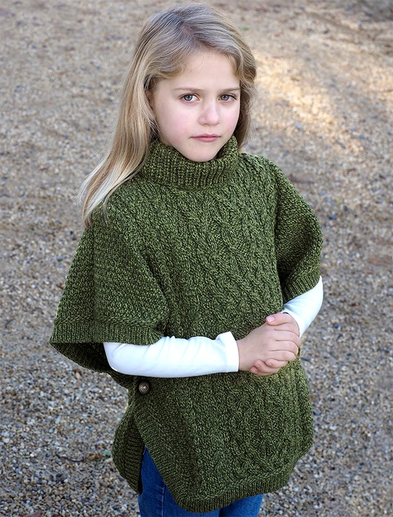 Kid's Aran Roll Neck Poncho - Meadow Green