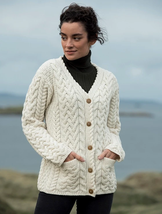 Super Soft V-Neck Button Up Cable Knit Cardigan - Classic Aran