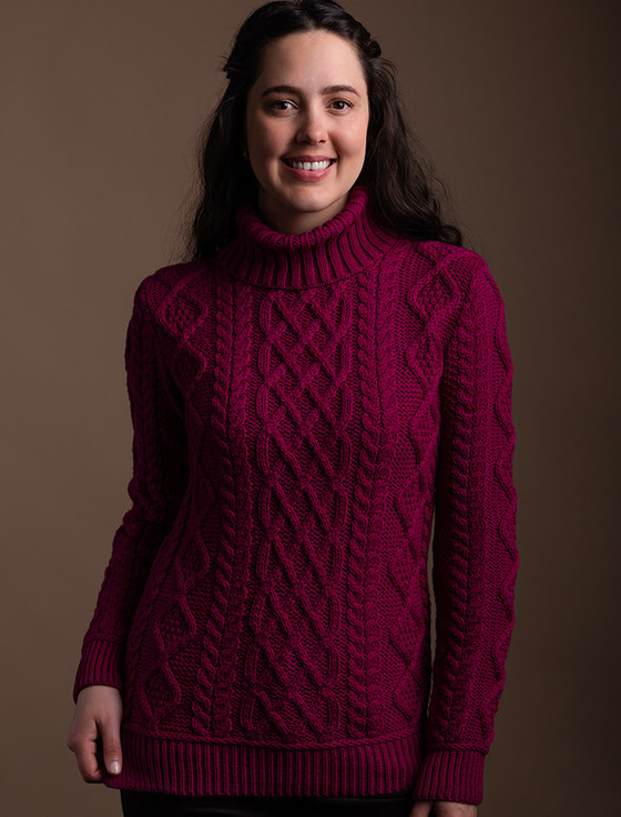 Aran Polo Neck Cable Sweater - Raspberry