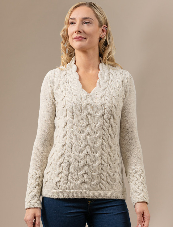 Wool Cashmere Cable V-Neck Sweater, Aran Sweater Market