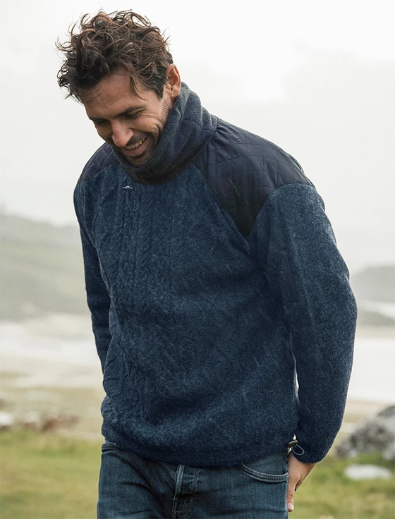 Men's Aran Diamond Draw-String Sweater - Nightshade