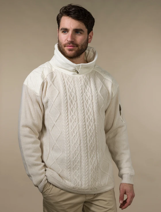 Men's Aran Diamond Draw-String Sweater - White