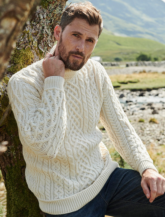 Aran Sweater Market Men's Cable Knit Crew Neck Aran Wool Sweater