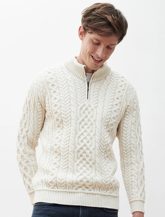 Mens Super Soft Half Zip Aran Troyer - White