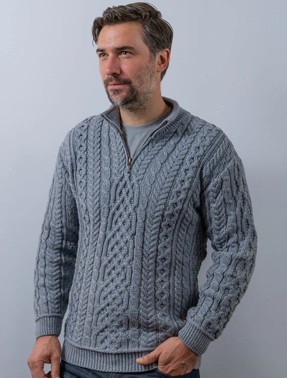 Mens Super Soft Half Zip Aran Troyer - Ocean Grey