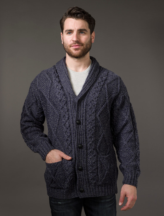 Men's Shawl Neck Cardigan - Merino Wool - Cormorant Blue