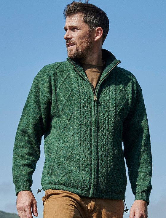Mens Lined Wool Aran Cardigan - Green - L