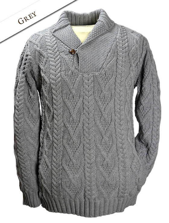 Shawl Collar Sweater - One Button Fisherman Sweater - Grey