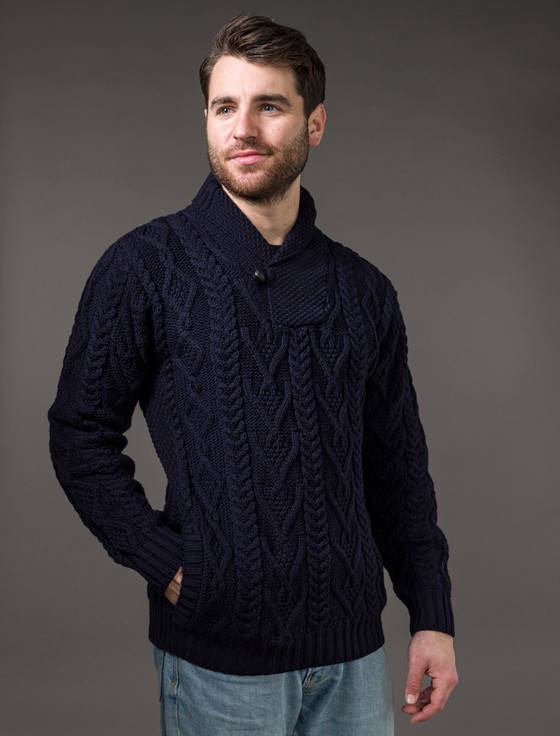 Shawl Collar Sweater - One Button Fisherman Sweater - Navy