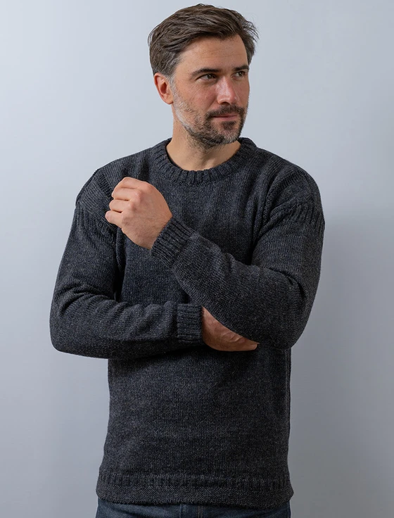 Mens Crew Neck Guernsey Sweater - Charcoal