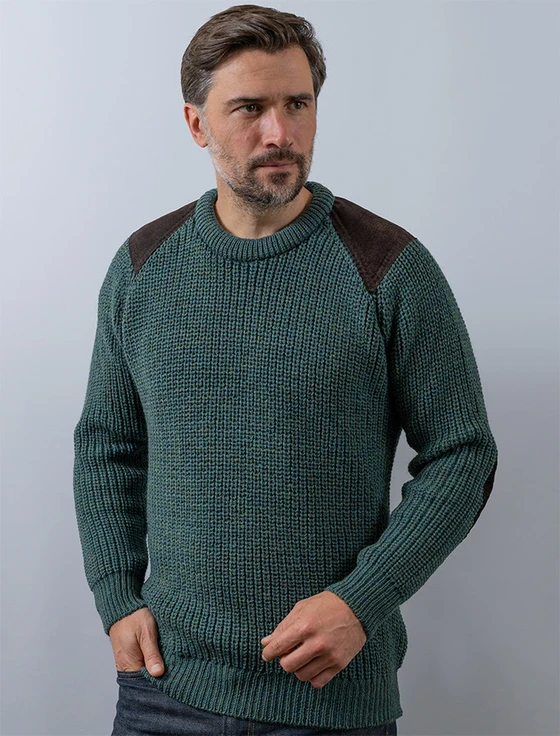 Irish Fishermans Ribbed Sweater with Patches - Moss
