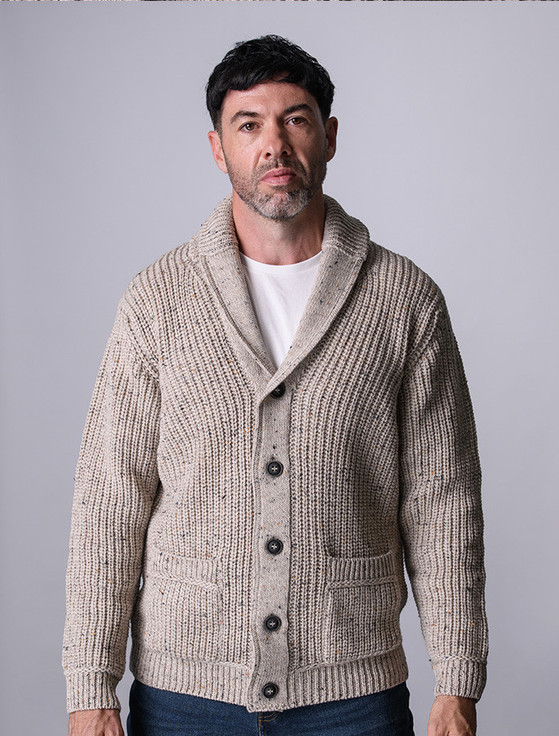 Merino Wool Ribbed Shawl Neck Cardigan - Oatmeal