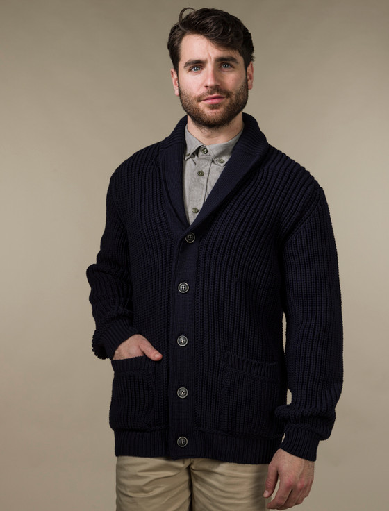 Merino Wool Ribbed Shawl Neck - Navy