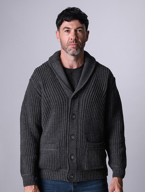 Merino Wool Ribbed Shawl Neck Cardigan - Charcoal