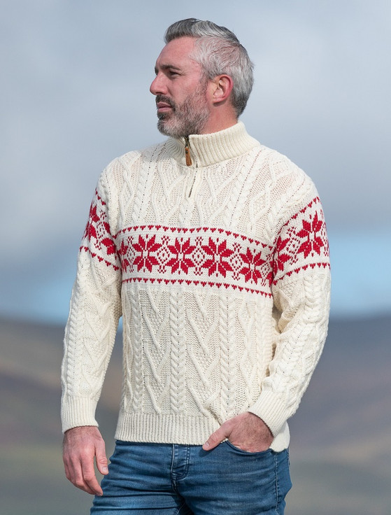 Winter Fair Isle Zip-Neck Aran Sweater - Natural White/Cherry
