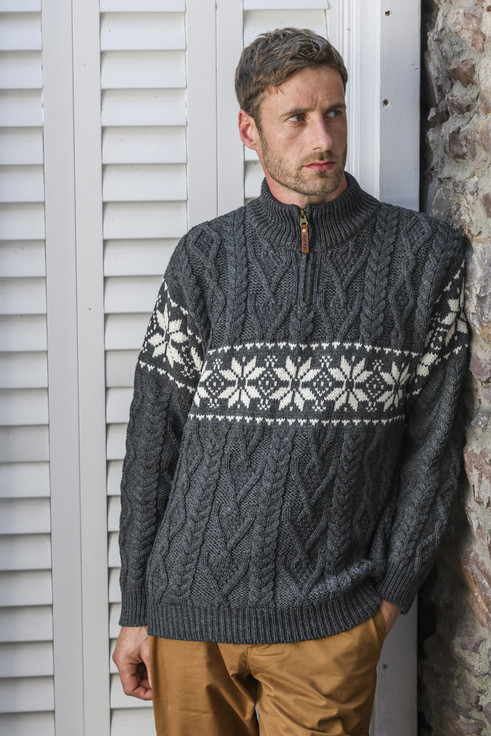 Winter Fair Isle Zip-Neck Aran Sweater - Charcoal/Natural White