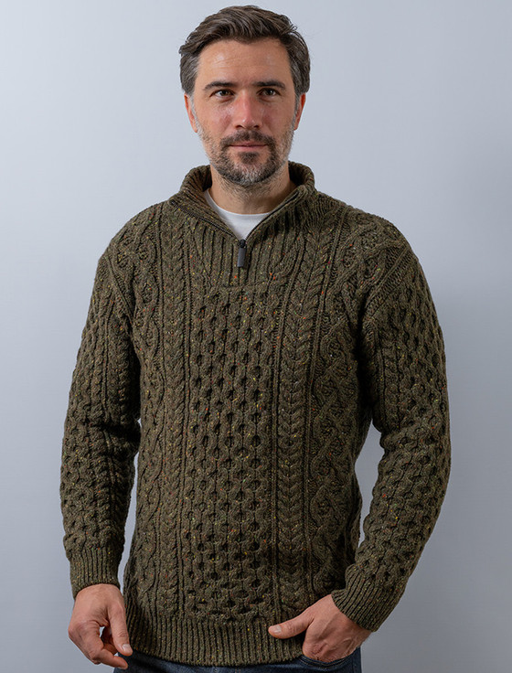 Wool Cashmere Aran Troyer Sweater - Loden Green