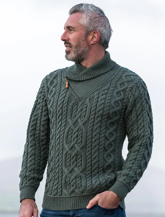 Aran Zip Shawl Neck Sweater - Tundra